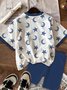 SHEIN 2pcs/Set Star & Moon Pattern, Teen Girls Casual Loose Short Sleeve T-Shirt And Legging Set, Summer - Multicolor - View 3