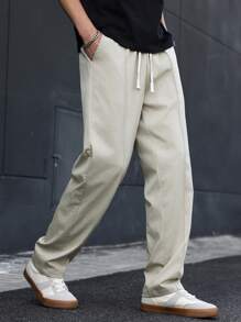 Manfinity Hypemode 男士纯色时尚夏季长裤 - 卡其色 - 查看 1