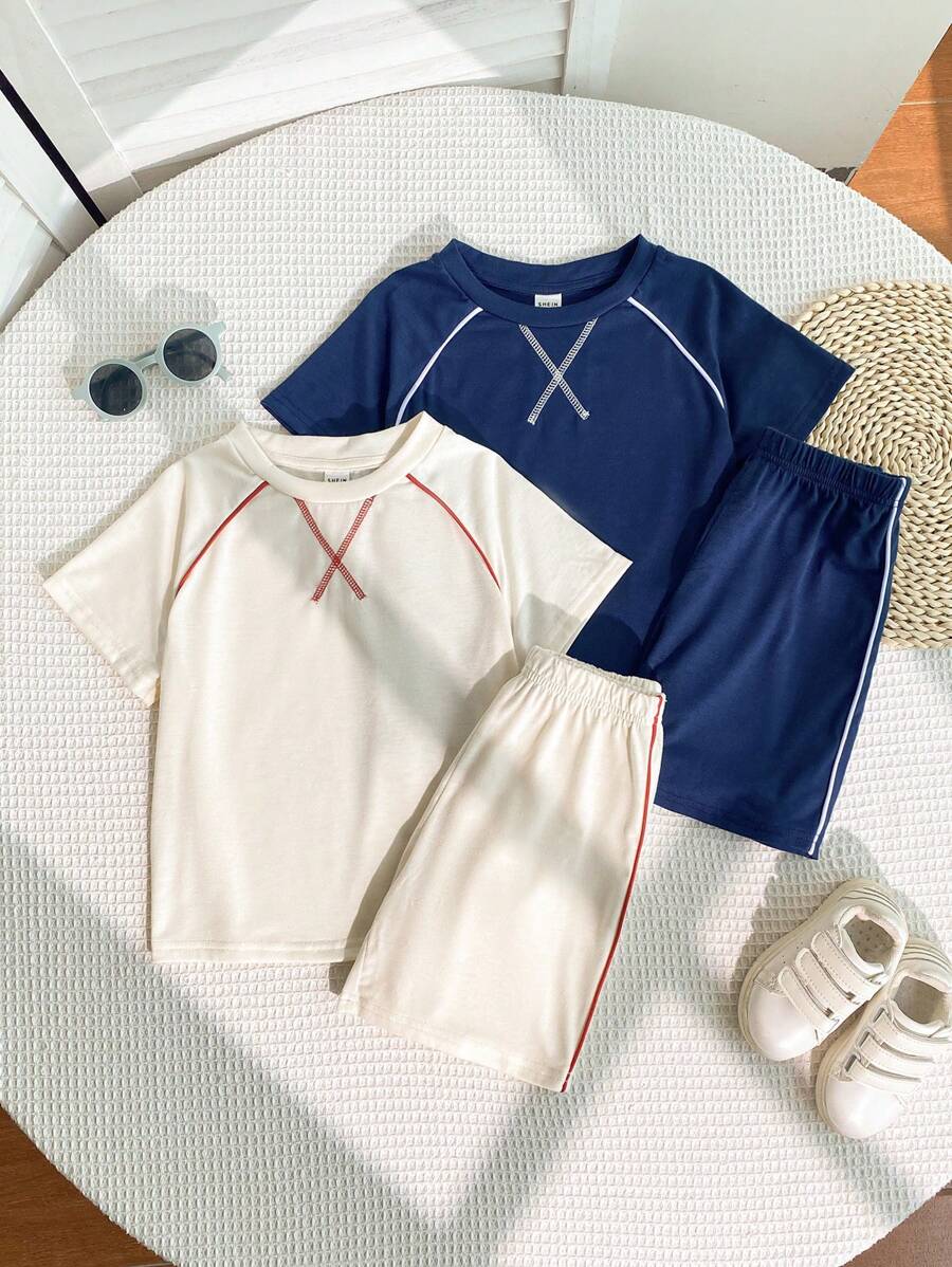 4pcs Young Boys' Two Pieces Casual Contrasting T-Shirt And Work-Contrasting Sports Knitted Shorts Set. Buy One, Get One Free And Get Two Sets. Children's Clothing. Suitable For Home Vacation, Party, School, Vacation And Sports. Suitable For Spring And Summer.