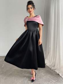 Modelyn 女式夏季优雅撞色水钻装饰腰部收腰连衣裙 - 黑色 - 查看 6