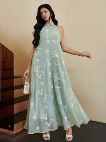 Heiryn Blumen-Stickerei Kleid für Damen, eleganter ärmelloser Stil für den Sommer