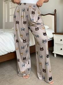 Dazy Plus Cute Animal Print Elastic Waist Loose Pajama Pants, Home Sleepwear Bottom