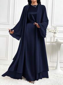 Al Najma Women's Crew Neck Long Flare Sleeve Waist Tie Elegant Abaya Robe, Modest Elegant Style For Casual Daily/Work/Holiday/Evening Parties/Wedding Guest - Navy Blue - View 3