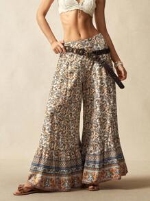 Bohemela Bohemian Style Woven Printed High Waist Flare Wide Leg Pants, Suitable For Countryside Holiday
