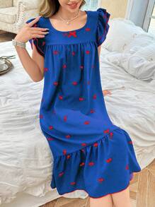 CottageSlumber 女士樱桃印花盖袖双层睡袍娃娃装假日季节，舒适优雅的细节 - 藍色 - 查看 4