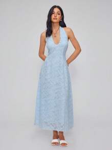 Roylia Powder Blue Jacquard V-Neck Long Dress