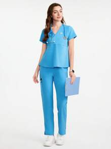Scrubzie Crossover Neck Simple Short Sleeve Top And Pants Scrub Uniform Set
