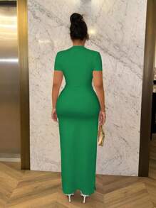 SHEIN SXY Summer Sexy Keyhole Neck Ruched Short Sleeve Bodycon Dress - Green - View 3