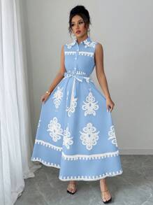 Chiquease Sleeveless Collar Cinched Waist A-Line Digital Print Mini Dress - Blue - View 6