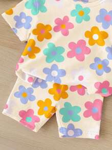 SHEIN 女婴休闲简约圆领短袖T恤和紧身短裤套装，适合春夏季 - 彩色 - 查看 5