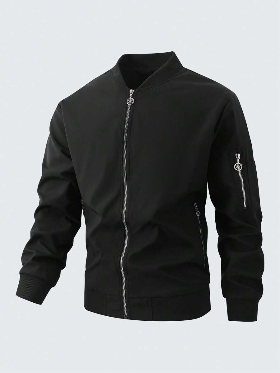 Manfinity Homme Chaqueta con cremallera de unicolor de manga larga para hombre de talla grande, de moda para la temporada de verano