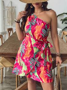 SHEIN VCAY 大码夏季女式洋红色热带植物印花无袖短裙，裹身下摆蝴蝶结休闲沙滩装太阳裙泳池派对装 椰子女孩夏季波西米亚风别致波西米亚风格女装 女士早午餐装 女士机场装 海滩度假装 城市休闲装 度假装 女士西部服装 女士西部装 加大欧式夏季海岛度假装 蜜月装 女士老钱不对称领口连衣裙 热带连衣裙