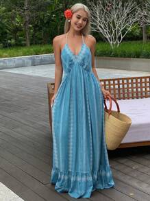 DAZY Floral Print Spaghetti Strap Backless Ruffled Dress For Women, Summer Resort Wear Vacation Outfits Women - Blue - View 5