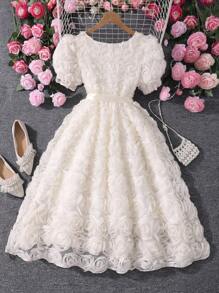 青少年女孩纯色泡泡袖 3D 花卉优雅中长连衣裙（配腰带），夏季 - 杏色 - 查看 2