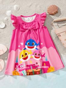 BABY SHARK X SHEIN Đầm tay ngắn họa tiết đại dương dễ thương cho bé gái - Nhiều màu - Xem 1