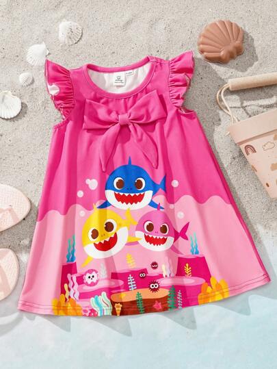 Baby Girl Cute Cartoon Colorful Ocean Print Pink Vacation Short Sleeve Dress