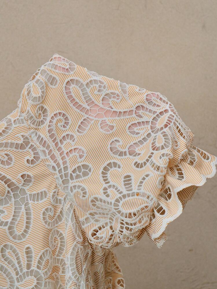 Blusa Bouffant com Bordado Vazado, Elegante Casual de Verão, Elegante, Praia, Festival de Férias