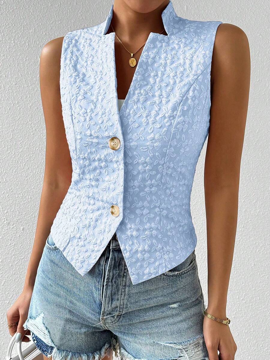 Chiquease Textured Jacquard V-Neck Vest Suit Jacket, Fashionable For Summer - Blue - View 1