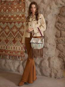 SHECARRY Women's Geometric Pattern Bohemian Style Tassel Hem Fashion Shoulder Bag