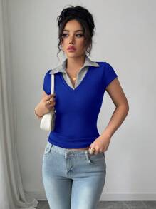Chiquease Rafferiza 女士休闲通勤优雅商务休闲度假舒适成熟优雅性感V领条纹拼接二合一蓝色罗纹面料高弹修身短袖春夏T恤 - 藏蓝色 - 查看 7