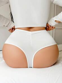 SHEIN Plus Size Women's Solid Color Ruched Design Bikini Bottom - White - View 3