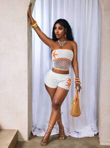 BamGleam 女士针织吊带背心上衣，白色配橙色撞色星星和海星镂空网眼夏季休闲无袖背心 - 白色 - 查看 4