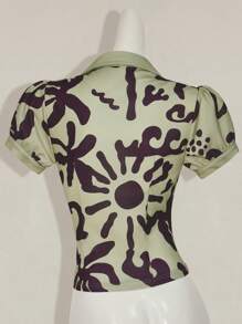 SHEIN ICON Camiseta de manga corta ajustada con botones delanteros y estampado completo de aloha hawaiano verde, estilo hippie y bohemio para mujer, verano