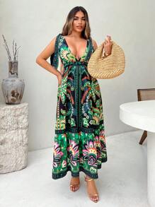SHEIN SXY Damen Lässig Urlaub Tropical Muster rückenfrei Kleid - Verschiedenfarbig - Übersicht 4