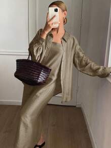 Livesso Bộ trang phục hai mảnh dành cho phụ nữ mặc hàng ngày bằng vải lanh - màu nâu - Xem 1