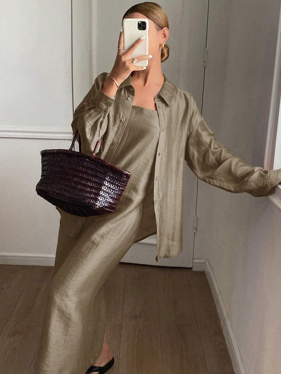 Livesso Bộ trang phục hai mảnh dành cho phụ nữ mặc hàng ngày bằng vải lanh - màu nâu - Xem 1