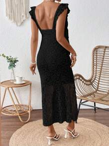 SHEIN Pregnant Women Square Neck Floral Lace Fitted Elegant Ruffle Trim Dress Maternity Dress - Black - View 2