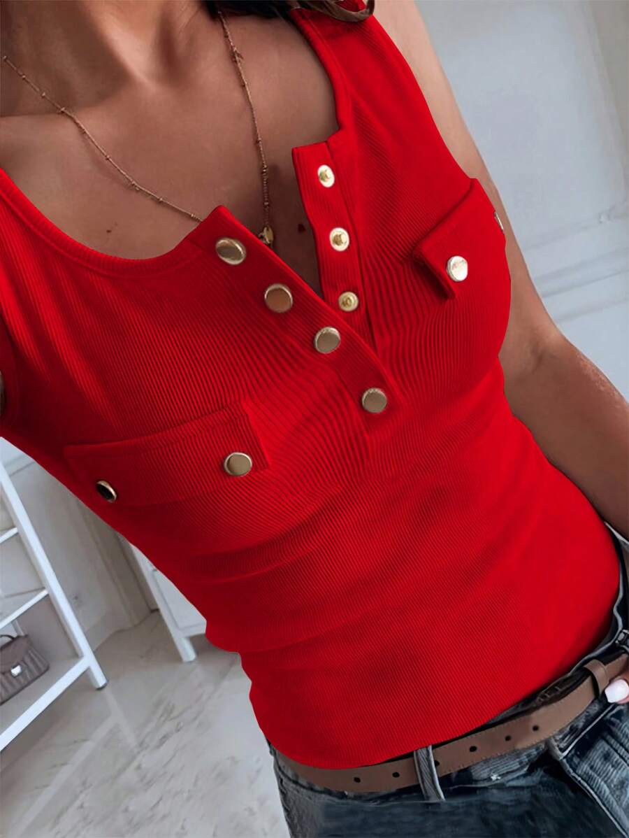 INAWLY Canotta aderente estiva senza maniche con bottoni in metallo - Rosso - Visualizzare 1