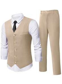 Calvornis Traje casual de chaleco y pantalones de unicolor para hombres, ropa de vestir, atuendos de vestir para hombres, conjunto de pantalones elegantes para hombres - Caqui - Ver 3