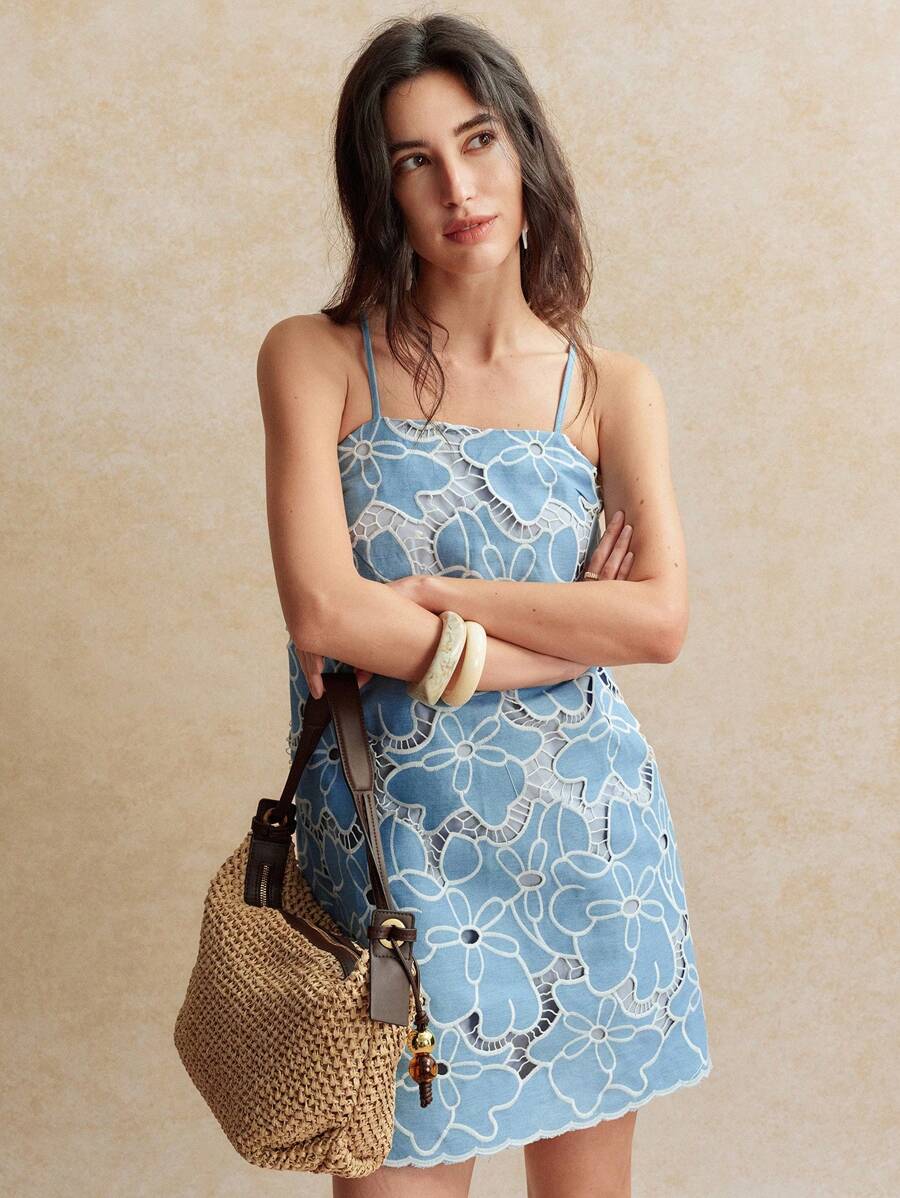 Écloséra Women's Vintage Elegant Slim Fit Sleeveless Hollow Out Embroidered Summer Dress