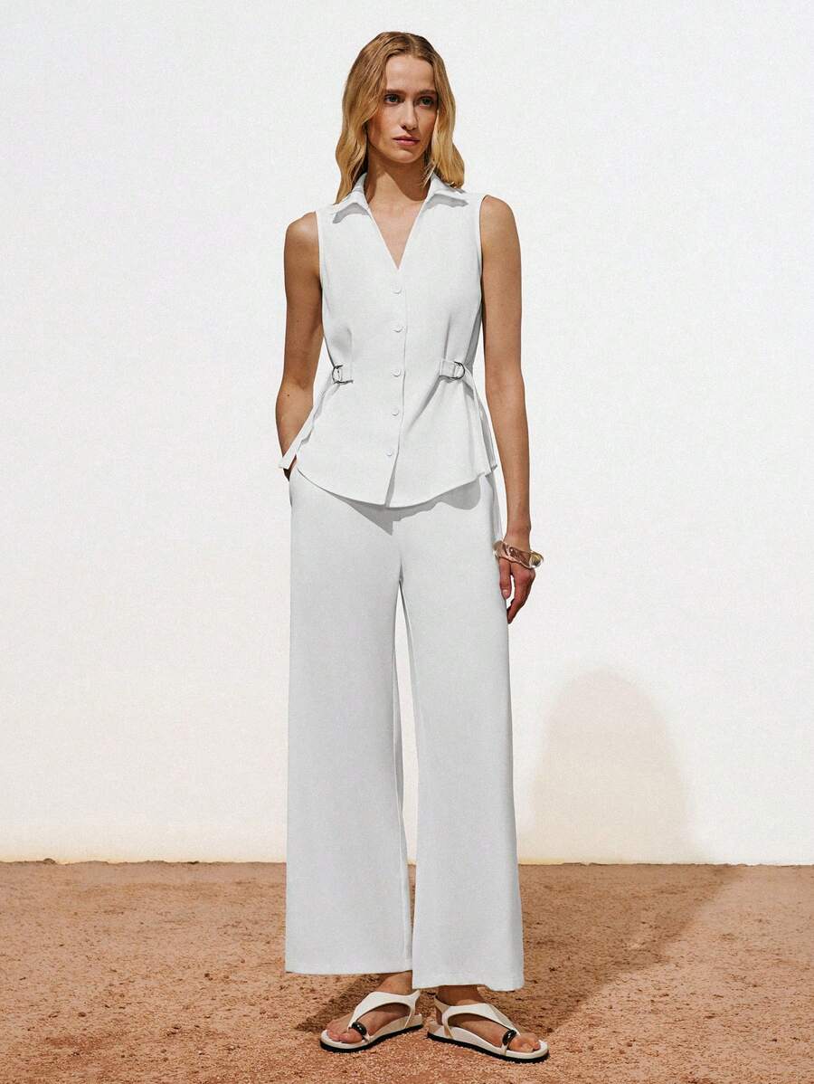 Lumivelle Bộ vest mới cho nữ/Trang trí dây đeo khóa kim loại không tay ve áo phong cách tối giản áo vest đen + quần vest đen bộ 2 món - trắng - Xem 1