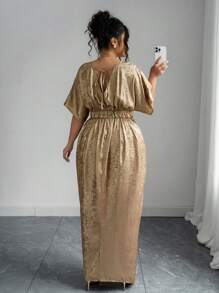 Elenzga 大码女式优雅纯色V领夏季金色连衣裙，腰部收紧，随机花卉印花，侧开衩，短袖，欧美风格 - 金色 - 查看 2