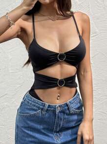 SHEIN EZwear Women's Solid Color Ring Connected Hollow Sexy Bodysuit