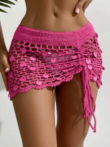 SHEIN Swim Conjunto de falda y cubre de punto transparente sexy, para vacaciones en la playa - Rosa Fucsia - Ver 3