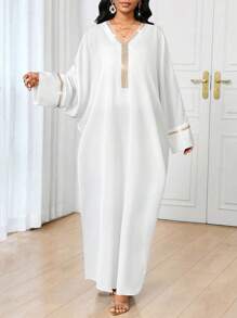 SHEIN Lady V-Neck Gold Hot Diamond Details Black Modest Dress - White - View 3