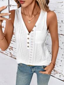 SHEIN Clasi Camicia senza maniche con scollo a V e bottoni anteriori, con stampa jacquard, ideale per le vacanze