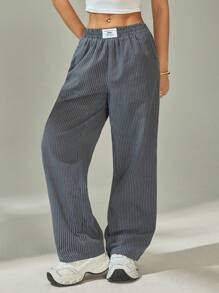 SHEIN PETITE Women's Letter & Striped Pockets Casual Straight-Leg Pants Y2k - Grey - View 3