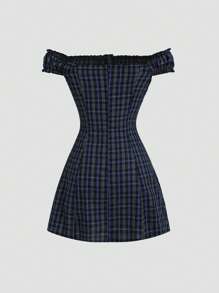 Sweetra Sweet & Spicy Plaid Off-Shoulder Button Up Waist Cinched Waist Dress - Blue - View 2
