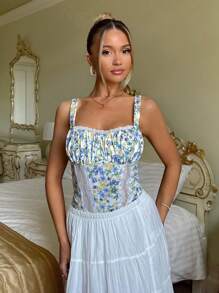 Glamine Charm Sexy Romantic Floral Print Contrast Lace Ruched Camisole Bodysuit - Multicolor - View 1