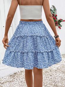 Breezaya 蓝色碎花褶饰多层半身裙 - 藍色 - 查看 2