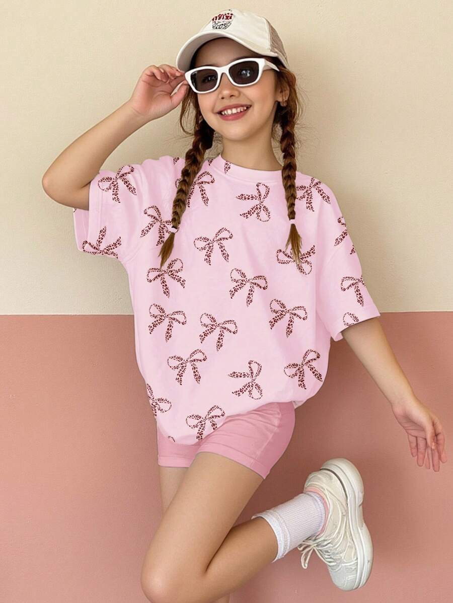 SHEIN Leap Crew 2 件套青少年女孩休闲简约短袖 T 恤和短裤套装，适合夏季 - 彩色 - 查看 1