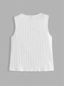 SHEIN BASICS Camiseta de punto sin mangas con cuello en V de unicolor, de ajuste entallado y casual, talla grande - Blanco - Ver 4