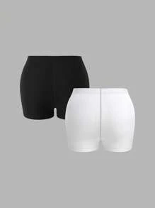 SHEIN BASICS 2pcs Solid Color Knitted Mid-Waist Tight Fit Workout Shorts For Plus Size - Black and White - View 2