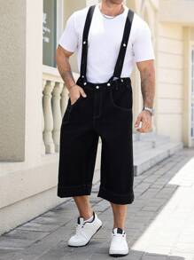 Manfinity Homme Plus Size Men's Black Denim Bib Overalls With Multiple Pockets