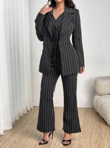 Modelyn Bộ 3 bộ vest ống rộng màu xanh nhạt dành cho nữ, trang phục sọc giản dị thanh lịch - màu đen - Xem 1