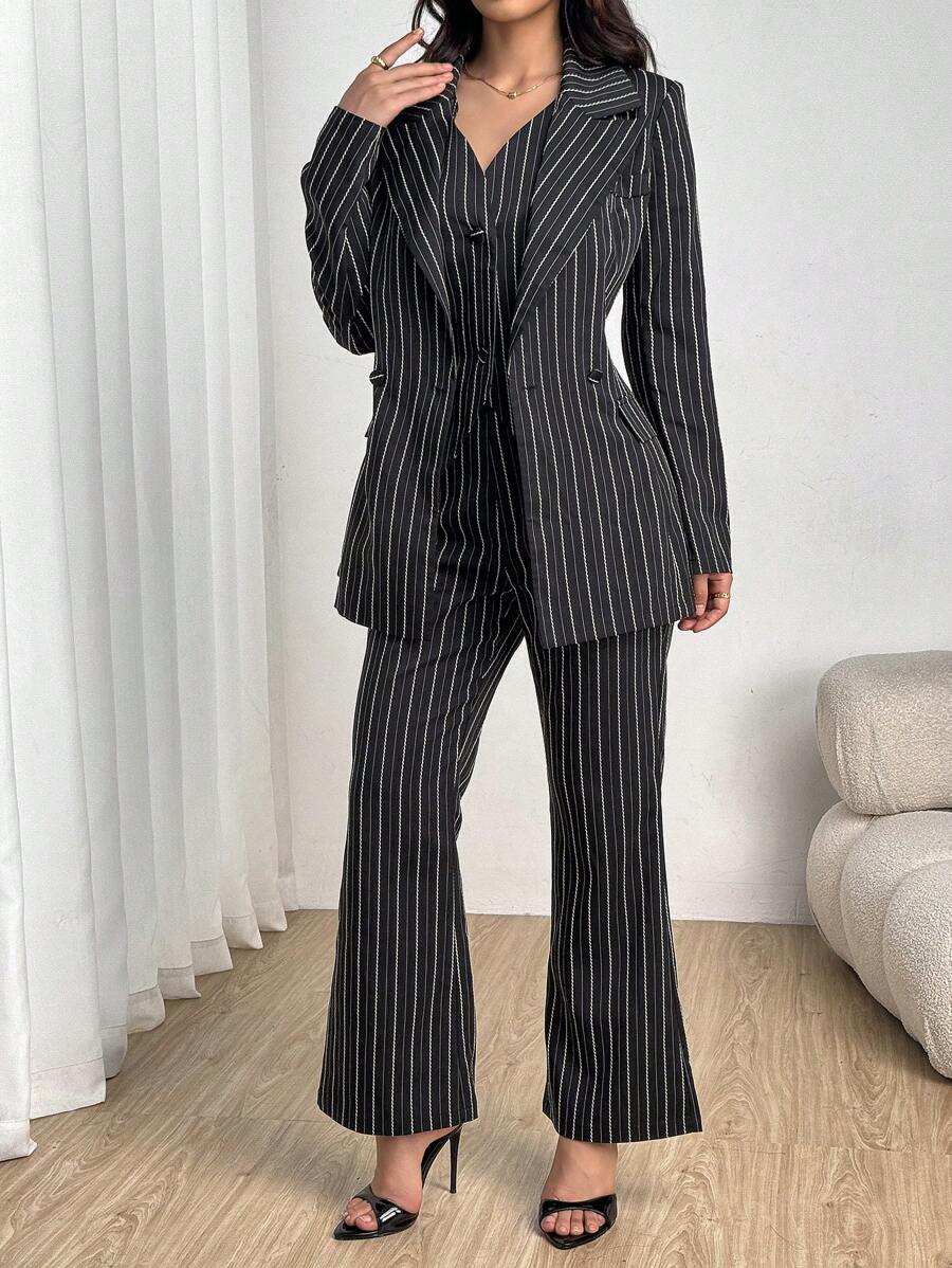 Modelyn Bộ 3 bộ vest ống rộng màu xanh nhạt dành cho nữ, trang phục sọc giản dị thanh lịch - màu đen - Xem 1